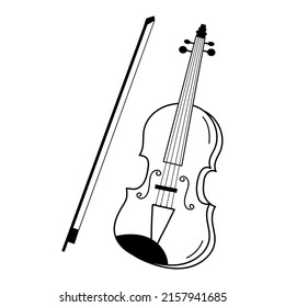 Violin and bow in doodle style. Musical instrument. Vector illustration.