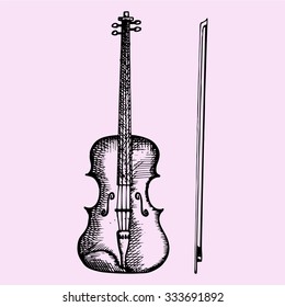 Violin and bow, doodle style, sketch illustration, hand drawn, vector