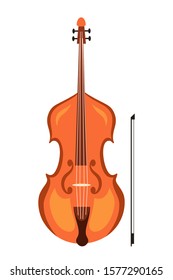 Violin and bow flat vector illustration. Stringed musical instrument isolated on white background. Wooden fiddle. Musician equipment. Classical music items. Philharmonic orchestra objects