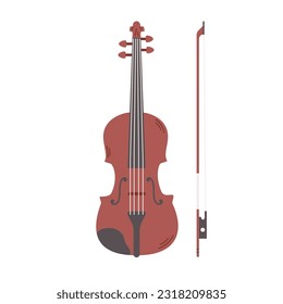 Violin with bow isolated on white background. Classical stringed musical instrument. Vector flat illustration.