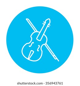 Violin with bow line icon for web, mobile and infographics. Vector white icon on the light blue circle isolated on white background.