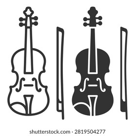 violin and bow line and solid icon set musical instrument string instrument on transparent background