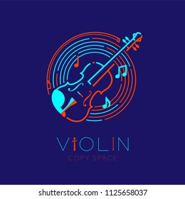 Violin, bow, music note with line staff circle shape logo icon outline stroke set dash line design illustration isolated on dark blue background with violin text and copy space