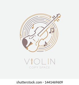 Violin, bow, music note with line staff circle shape logo icon outline stroke set dash line design illustration isolated on grey background with violin text and copy space