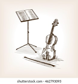 Violin Bow And Music Stand Sketch Style Vector Illustration. Old Engraving Imitation.