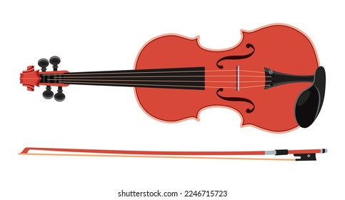 Violin and bow. Musical instrument for orchestra. Vector illustration isolated on white background