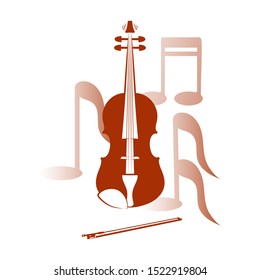 Violin with a bow on the background of notes symbolizing the sounds of music. Color illustration in the form of a logo on a white background.
