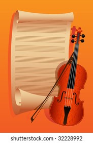 violin and bow on a background paper for the notes is minimized to roll