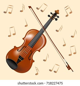 Violin with a bow on the background of sounds. Realistic drawing in vector.