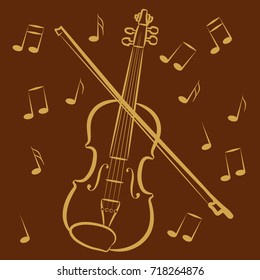 Violin with a bow painted in yellow lines on a brown background.