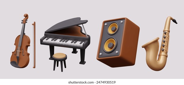 Violin with bow, piano with stool, music column, saxophone. Set of vector 3D illustrations