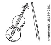 Violin and bow set, black and white line art. Hand-drawn string instrument with fiddlestick, bold sketch style, isolated on white. Classical music clipart.