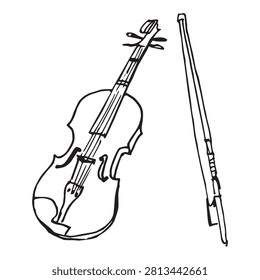 Violin and bow set, black and white line art. Hand-drawn string instrument with fiddlestick, bold sketch style, isolated on white. Classical music clipart.