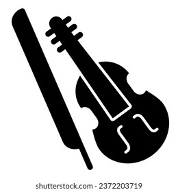 Violin and bow solid icon. Fiddle with Fiddle-bow glyph style pictogram on white background. Musical instrument symbol for mobile concept and web design. Vector graphics