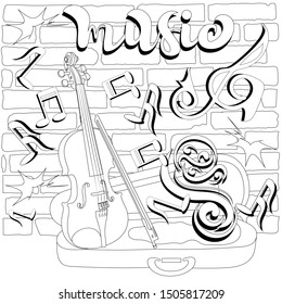 A violin with a bow standing against a brick wall, painted with graffiti in the form of notes, treble clef, ornament and the word music. Zenart. Anti-stress coloring.
