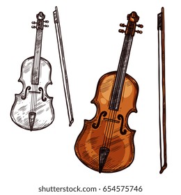 Violin with bow string music instrument. Vector sketch symbol of musical bowing or plucking type of viola fiddle or contrabass and cello for orchestra concert or folk and jazz music festival design