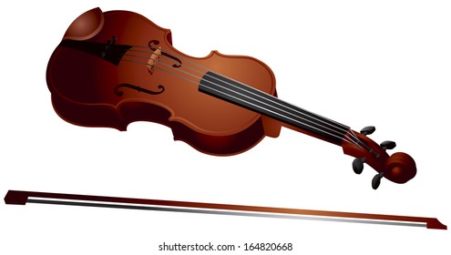 Violin with a bow, string musical instrument realistic vector illustration