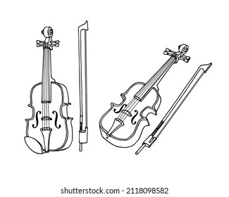 Violin with a bow. Vector illustration with contour lines in black ink isolated on a white background in a hand drawn style.