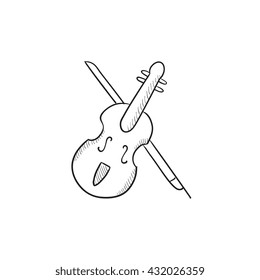 Geige mit Bugvektorskizze Symbol einzeln auf Hintergrund. Handgezeichnete Violine mit Bugsymbol. Geige mit Bogen-Skizze-Symbol für Infografik, Website oder App.
