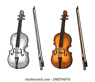 Violin with bow. Vector vintage color and black engraving illustration for poster, web. Isolated on white background.