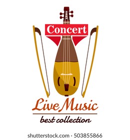 Violin with bows. Concert live music emblem with vector icon of string musical instrument viol gadulka