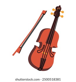 Die Violine ist eine braune hölzerne mit einer Schleife im flachen Stil. Gespanntes, gebogenes Musikinstrument mit einzigartigem, durchdringendem Klangbild. Musikinstrument. Flache Vektorgrafik auf weißem Hintergrund