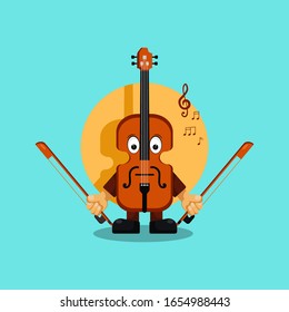 Zeichensymbol für Violine-Cartoons mit einem flachen Ausdruck und musikalischen Notenelementen auf blauem Hintergrund