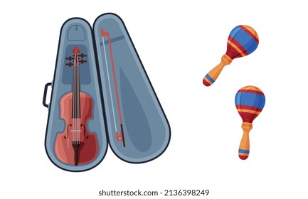 Violin in Case and Maraca as Musical Instrument Vector Set