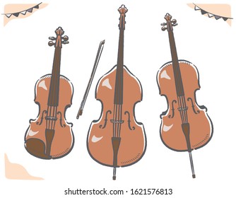 Violin, cello, contrabass, stringed instruments set. Vector illustration.