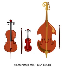 Violin, cello and double bass. Vector collection of stringed music instruments.