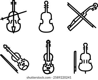 Violin and Cello Line Art Vector Set, Classical String Instruments Icons, Musical Bow and Fiddle Illustrations, Orchestral Music Symbols, Minimalist Black and White Sketches, Symphony and Concert Grap