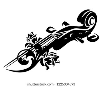 violin or cello neck and rose flowers - string musical instrument black vector design