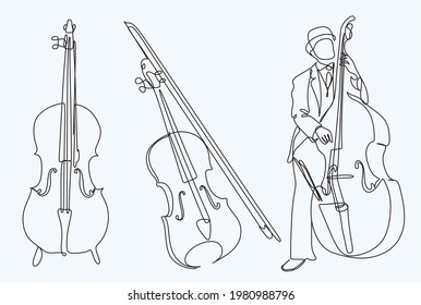 Violin  cello one continuous line drawing. Stringed music instruments, minimalism concept design vector illustration. continuous line drawing of someone playing a cello, a classical music instrument.
