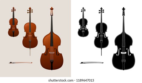 Violin, cello (violoncello) and double bass. Colored and black & white versions. High quality details.