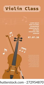 Violin Class Poster Template With Instrument And Music Note Elements On Orange Background Vector Illustration
