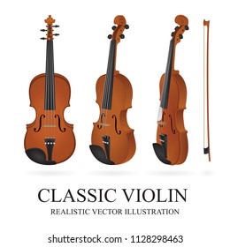 Violin. Classic Violin and bow vector illustration.
Realistic orchestra violin. Vintage musical instrument. 