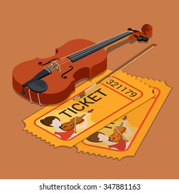 Violin classic orchestra concert music show attendance ticket booking flat 3d isometry isometric web site vector template illustration. Instrument fiddlestick tickets. Creative infographic collection.