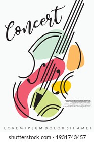 Violin classical music concert poster template with artistic colorful line art. Musical flyer, card or invitation template for concert event. Vector layout with violin graphic drawing.