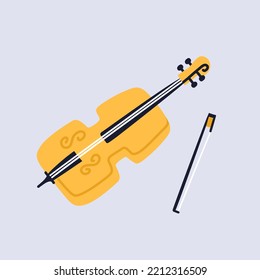 Violin classical musical instrument. Vintage wood fiddle and bow for string orchestra. Sound creation concept. Musical education in school. All items isolated