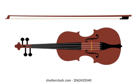 Realistische Vektorvioline mit Fiddlestick. Klassisches Streichinstrument. Illustration für Banner, Soundmusik, Poster. Flache Vektorgrafik einzeln auf weißem Hintergrund.