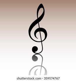 Violin clef. Black vector illustration with reflection.