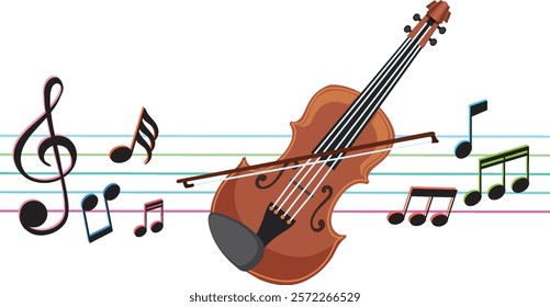 Violin with colorful music notes and staff lines