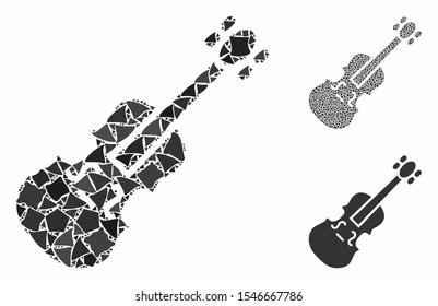 Violin composition of inequal elements in various sizes and color hues, based on violin icon. Vector inequal elements are combined into collage. Violin icons collage with dotted pattern.