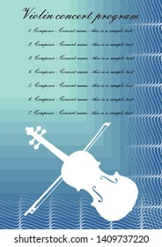 Violin concerts program template with white violin silhouette, sample text on blue abstract background