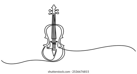 Violin Continuous Line Illustration, Vector illustration of violin isolated on white background for kids coloring activity worksheet, workbook, Thin line icon of a violin music instrument on white.