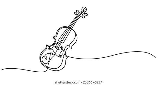 Violin Continuous Line Illustration, Vector illustration of violin isolated on white background for kids coloring activity worksheet, workbook, Thin line icon of a violin music instrument on white.