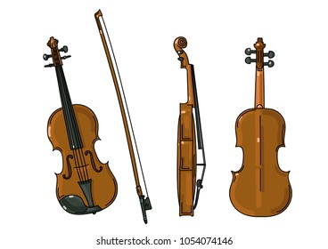 Violin in different angles of view, front, side and back, colored linear illustration, and bow