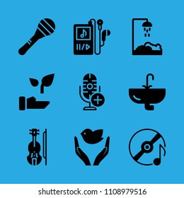 violin, dove of peace, compact disc, shower, maraca, microphone, music player, sink and plant vector icon. Simple icons set