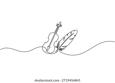 Violín y Pluma Continuo Una Línea Arte Minimalista Concepto Musical Vector