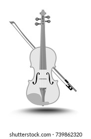 Violin with fiddlestick, gray drawing on white background, isolated music instrument